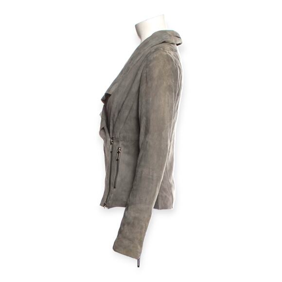 VINCE | XS | Women's Grey Suede Leather Mixed Media Drape Collar Biker Jacket - Picture 3 of 8